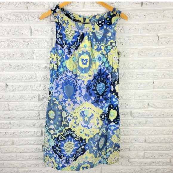 Talbots Dresses & Skirts - Talbots Dress 10 Petite Mini Shift Sleeveless Casual Blue Floral Deco Buttons